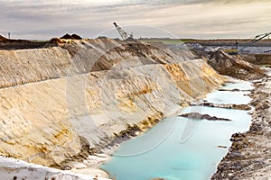 A dragline walking excavator works in a clay quarry