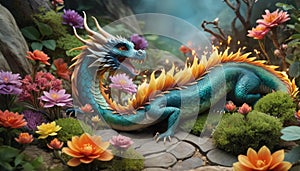 Dragon Amongst Blossoming Flowers