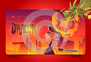 Dragon attack knight cartoon landing page, fantasy