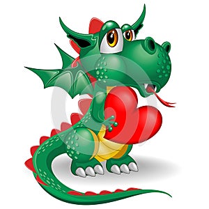 Dragon Baby Cartoon in Love holding a Heart Cute Character vector illustration