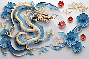 Dragon, with blue paper cut art and craft style