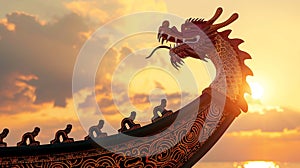 A dragon boat adorned with intricate patterns against the backdrop of a setting sun.