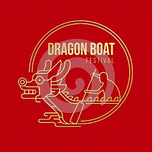 Dragon boat banner with gold line abstract dragon boat in circle on red texture background vector design