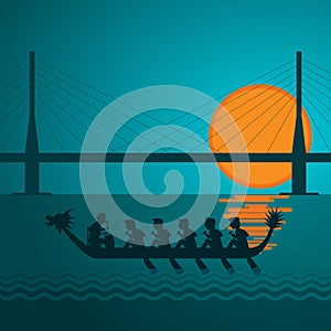 Dragon boat behind the bridge vector illustration