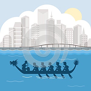 Dragon boat behind harbour city scene vector illustration