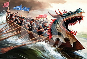 a dragon boat decorated in national traditions at the Dragon Boat Festival in China - Generative AI