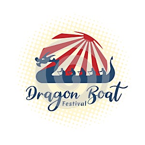 Dragon boat festival banner with blue dragon china sign and red sunlight on soft yellow background vector design