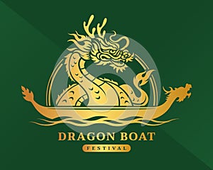 Dragon boat festival Gold big curled up china dragon in circle line on dragon boat symbol on green background vector design