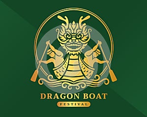 Dragon boat festival Gold front dragon boat and boater on water wave in circle line on green background vector design