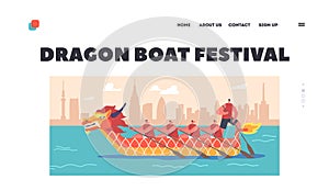 Dragon Boat Festival Landing Page Template. Team Rowing Sports Competition. People in Canoe during Chinese Festival