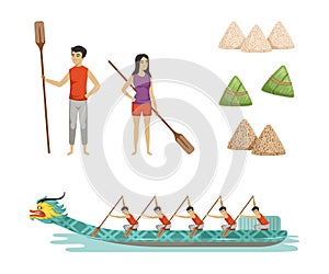 Dragon Boat Festival with Participants Taking Part in Racing Using Paddle and Rice Dumpling Vector Set