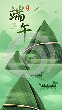 Dragon Boat Festival with rice dumpling mountain and dragon boat on oriental tranquil scene. Vertical banner. Translation - Dragon