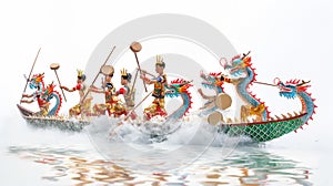 Dragon boat racers in action, paddling vigorously in ornate, colorful boats