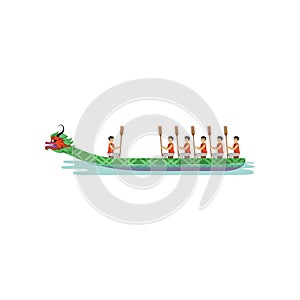 Dragon boat Rowing team competing in traditional Dragon Boat Festival vector Illustration