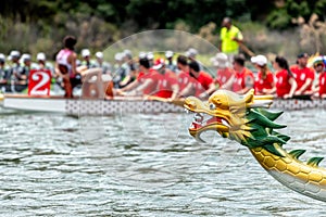 Dragon boat`s head with racing team on the background