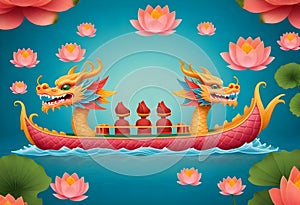 a dragon boat with two dragons on it and three silhouette of people, surrounded by lotus flowers