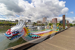 Dragon Boats moored along Willamette River