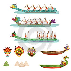 Dragon boats set, team of male athletes compete at Dragon Boat Festival vector Illustrations