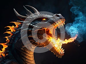 A dragon breathing fire with cinematic lighting, highlighting dramatic details of its glowing mouth