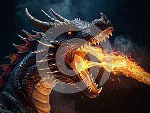 A dragon breathing fire with cinematic lighting, highlighting dramatic details of its glowing mouth