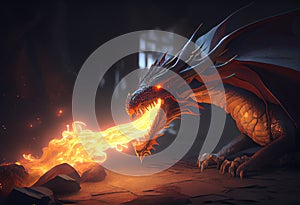 Dragon breathing fire in a dark building