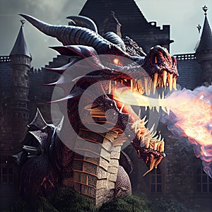 Dragon Breathing Fire on an Intricately Detailed Castle, Created with Generative AI
