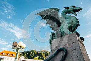 Dragon Bridge and ljubljana castle in Slovenia