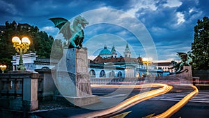 Dragon bridge, symbol of Ljubljana, capital of Slovenia, Europe. Long exposure. Time lapse