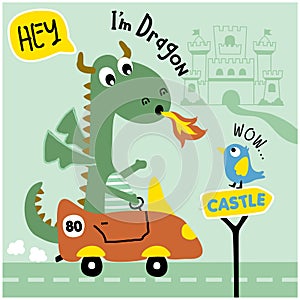 Dragon on the car funny animal cartoon