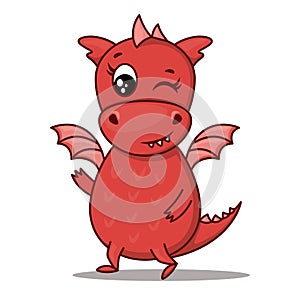 Dragon cartoon character. Cute winking red dragon. Sticker emoticon with winking, joke, flirtation, hidden meaning