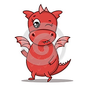 Dragon cartoon character. Cute winking red dragon. Sticker emoticon with winking, joke, flirtation, hidden meaning photo
