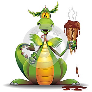 Dragon Cartoon with Melted Ice Cream Funny Character Vector Illustration