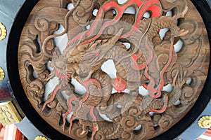 Dragon carving under big Japanese lantern hang over gate at Senso-ji buddhist temple