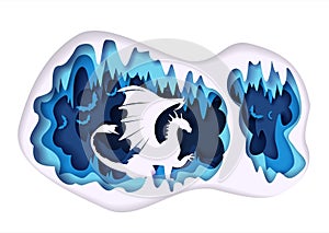 Dragon in cave, vector paper cut illustration. Mythological creature, fantasy dinosaur, monster, fairy tale character.