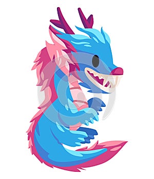 Dragon character of chinese mythology monster with funny mascot cartoon style blue color