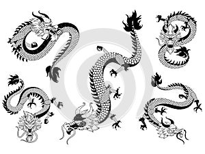 Dragon Chinese New Year. Oriental cut black silhouette, greeting logo festival design, card art Asia, China traditional