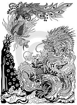 A dragon and a Chinese phoenix play with a pearl. Black and White Illustration