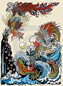 A dragon and a Chinese phoenix play with a pearl. Illustration