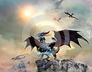 Dragon on a cliff Scene 3D illustration