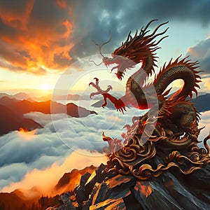 Dragon clouds and mountains: impressive Illustration in the style of chinese art