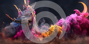 Dragon with colorful smoke and fire on black background. 3d rendering