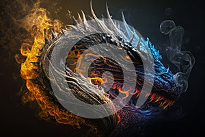 Dragon in the colourful glow and mist,smoke and fire. AI generated