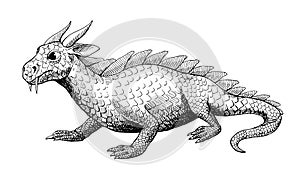Dragon with crest, old fashioned hand drawn illustration