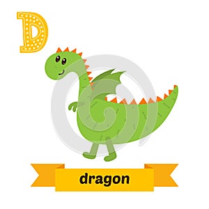 Dragon. D letter. Cute children animal alphabet in vector. Funny