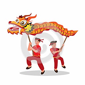 Dragon dance, chinese traditional dance performer to celebrate chinese new year flat illustration symbol