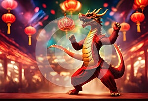 Dragon dancing in the Asian disco bar on Lunar New Year