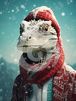 A dragon dons a cozy winter cap and scarf amidst a gentle snowfall.