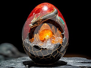 A dragon Easter egg with a yellow egg inside of it