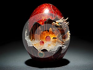 A dragon Easter egg with a yellow egg inside of it