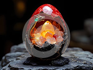 A dragon Easter egg with a yellow egg inside of it